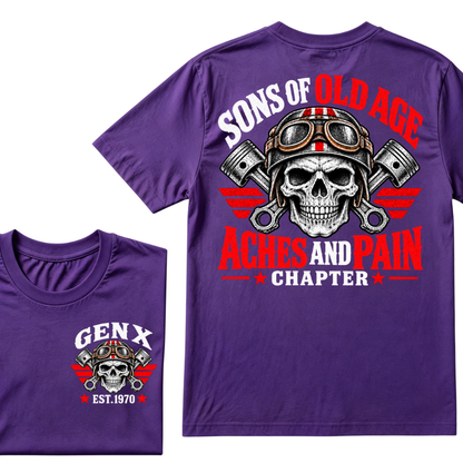 Sons Of Old Age Aches And Pain Chapter Gen X EST.Year Motorcycle Skull Vintage Biker Graphic Tee