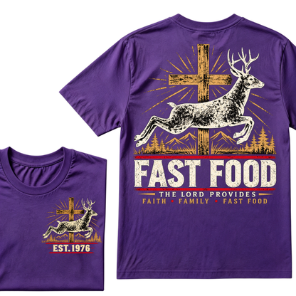 Faith Family Fast Food Deer Hunting T-Shirt, The Lord Provides Vintage Cross EST.Year Hunter Graphic Tee