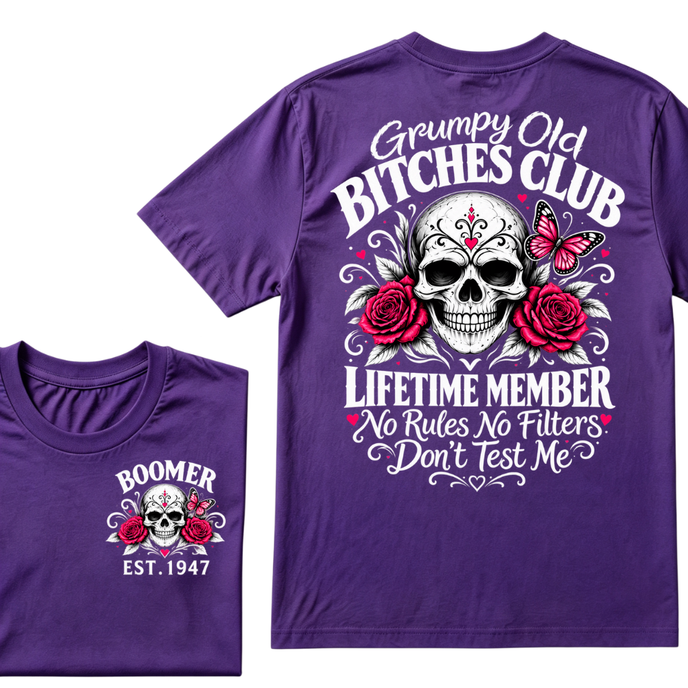 Boomer EST.Year Grumpy Old Club Sugar Skull Rose Butterfly Vintage Graphic T-Shirt