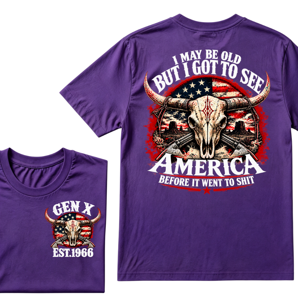 Gen X EST.Year I May Be Old But I Got To See America Longhorn Skull Western American Flag Graphic T-Shirt