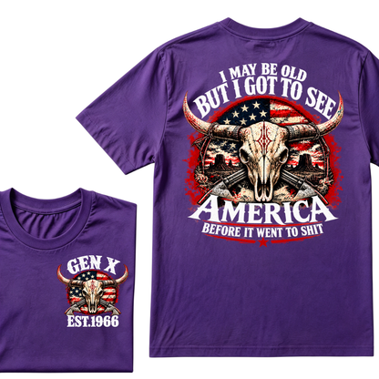 Gen X EST.Year I May Be Old But I Got To See America Longhorn Skull Western American Flag Graphic T-Shirt