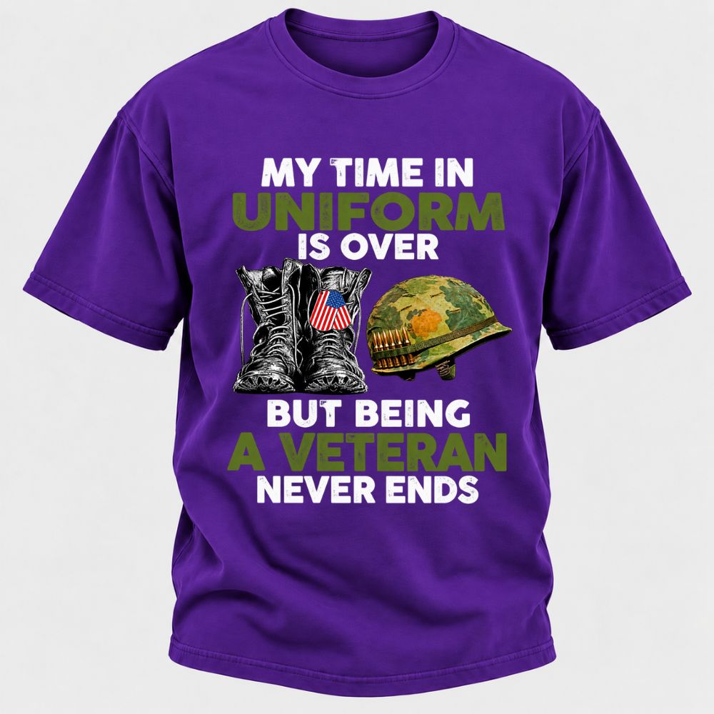 My Time In Uniform Is Over But Being A Veteran Never Ends Military Boots Helmet Graphic T-Shirt