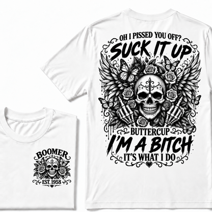 Custom Year Boomer Suck It Up Buttercup Skull Graphic T-Shirt