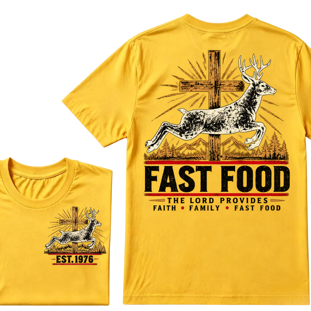 Faith Family Fast Food Deer Hunting T-Shirt, The Lord Provides Vintage Cross EST.Year Hunter Graphic Tee