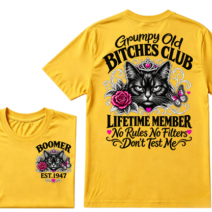 Boomer EST.Year Grumpy Old Club Crown Cat Rose Butterfly Sarcastic Graphic T-Shirt