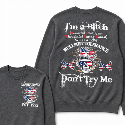 Gen X EST.Year Messy Bun American Flag Skull Low Tolerance Sarcastic Graphic Crewneck Sweatshirt