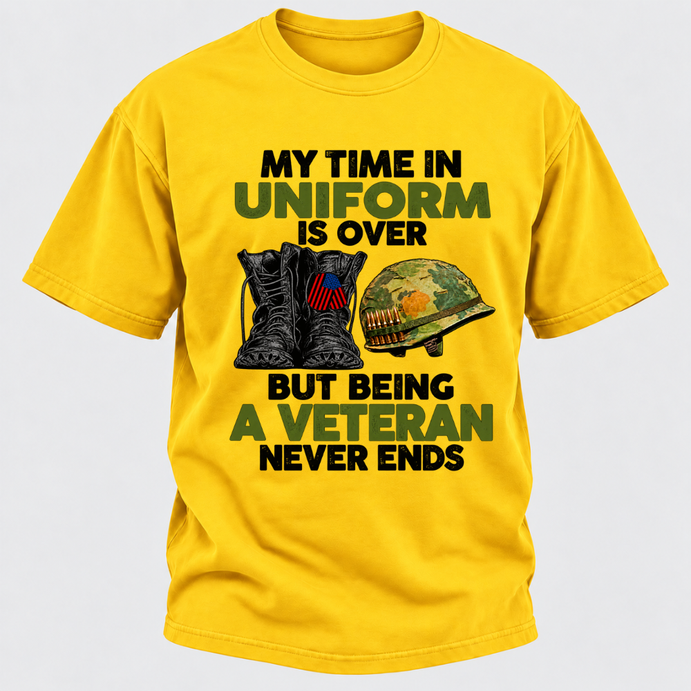 My Time In Uniform Is Over But Being A Veteran Never Ends Military Boots Helmet Graphic T-Shirt