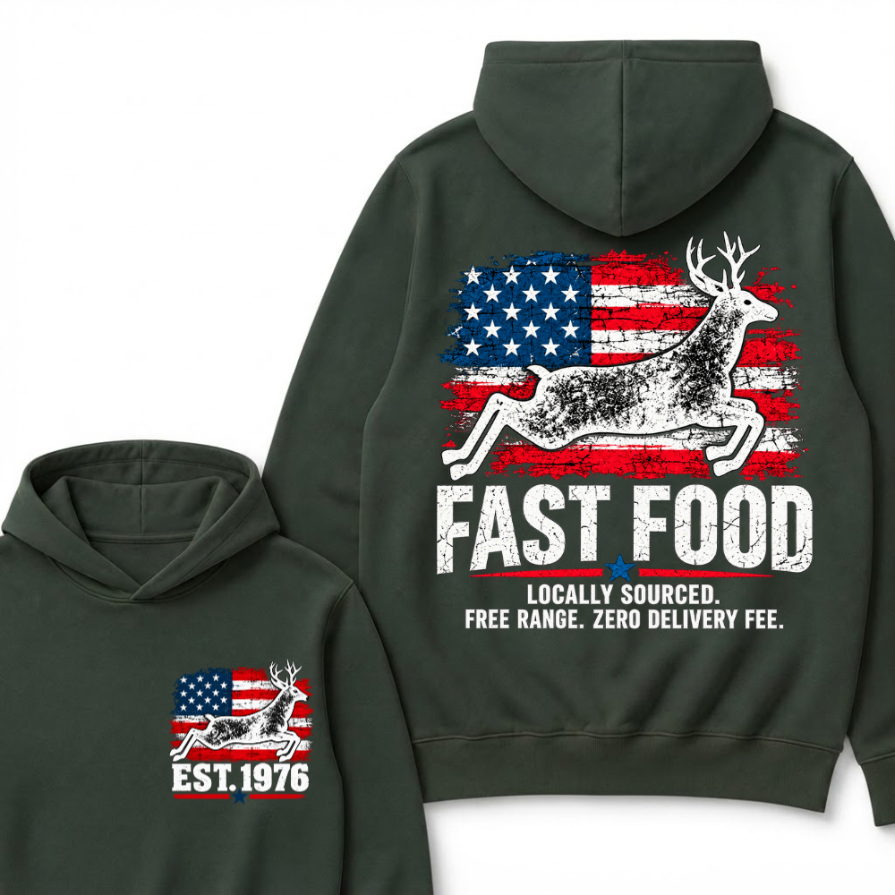 Fast Food Deer Hunting T-Shirt, Locally Sourced Free Range Zero Delivery Fee Vintage American Flag EST.Year Hunter Graphic Hoodie