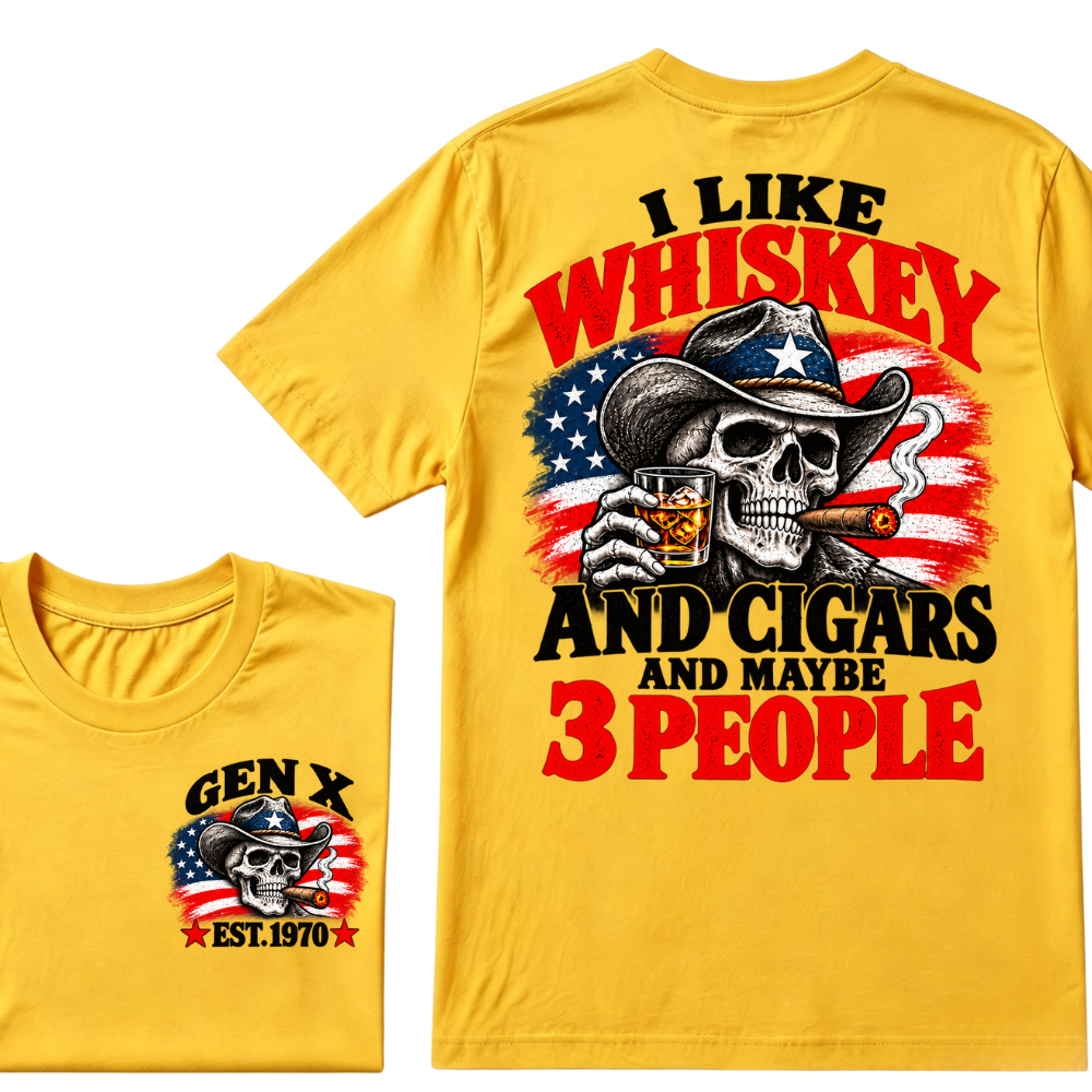 Gen X EST.Year I Like Whiskey And Cigars And Maybe 3 People Cowboy Skull American Flag Graphic T-Shirt