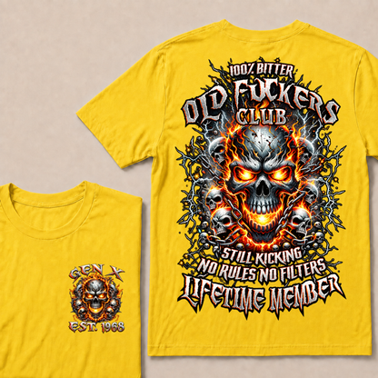 Gen X Custom Year Old Fuckers Club Multi Skull Chain Fire Lightning T-Shirt