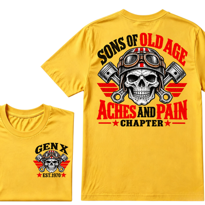 Sons Of Old Age Aches And Pain Chapter Gen X EST.Year Motorcycle Skull Vintage Biker Graphic Tee