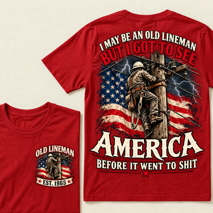 Funny Old Lineman American Flag T-Shirt, Vintage Electrician Lineman Gift, Patriotic USA Powerline Worker Tee, Retro 1965 Lineman Shirt
