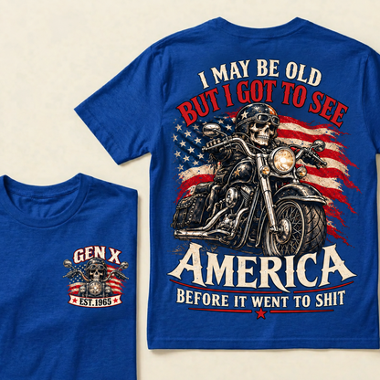 Funny Gen X Biker T-Shirt, Vintage Motorcycle Skull American Flag Tee, Retro 1965 Gen X Gift, Patriotic Biker Shirt