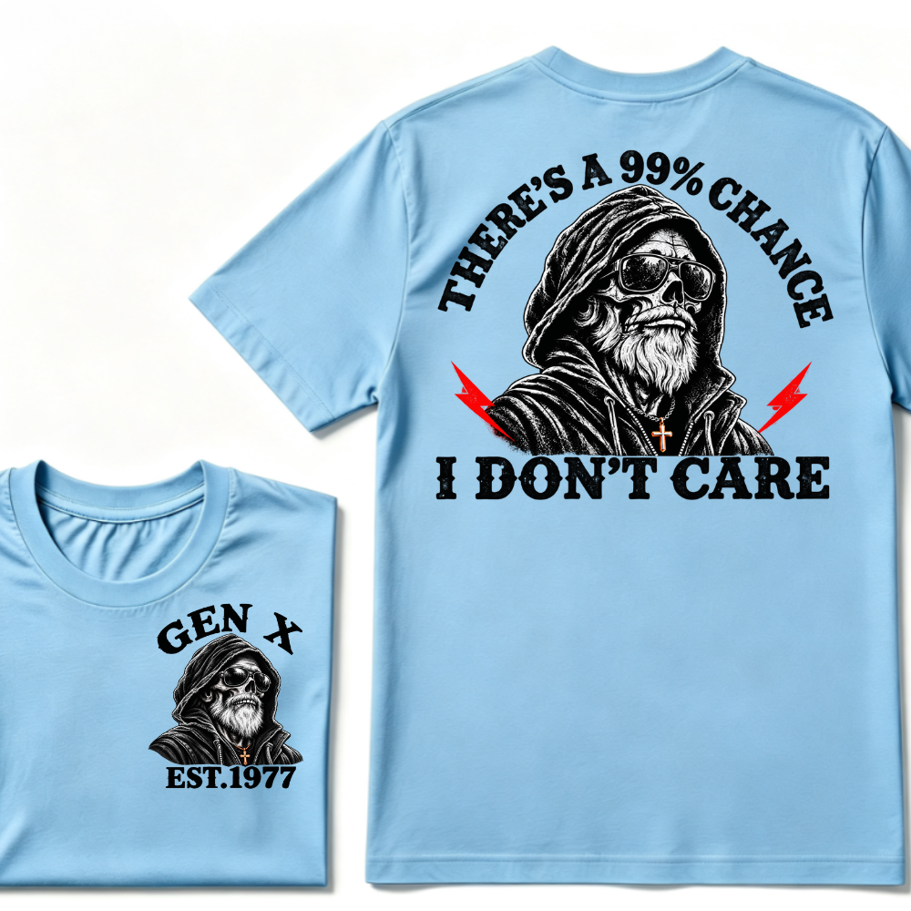 Gen X EST.Year There's A 99% Chance I Don't Care Bearded Skull Hooded Graphic T-Shirt