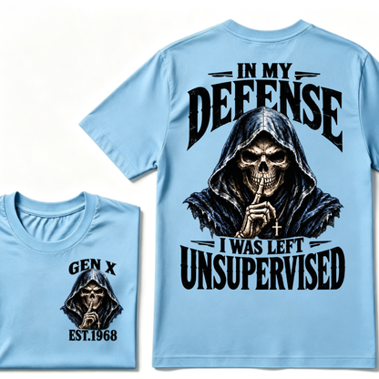 Gen X EST.Year Grim Reaper Skull In My Defense I Was Left Unsupervised Vintage Graphic T-Shirt