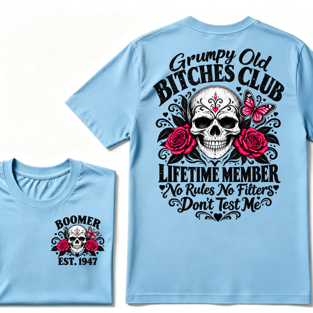Boomer EST.Year Grumpy Old Club Sugar Skull Rose Butterfly Vintage Graphic T-Shirt