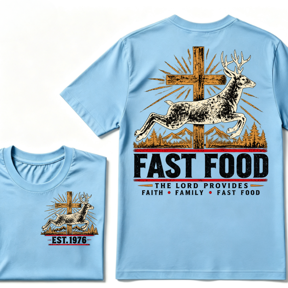 Faith Family Fast Food Deer Hunting T-Shirt, The Lord Provides Vintage Cross EST.Year Hunter Graphic Tee