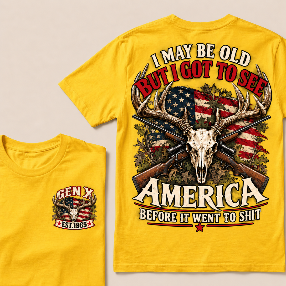 Funny Gen X Hunter T-Shirt, Vintage Deer Skull American Flag Tee, Retro 1965 Hunting Gift, Patriotic Hunter Shirt