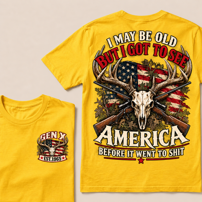 Funny Gen X Hunter T-Shirt, Vintage Deer Skull American Flag Tee, Retro 1965 Hunting Gift, Patriotic Hunter Shirt
