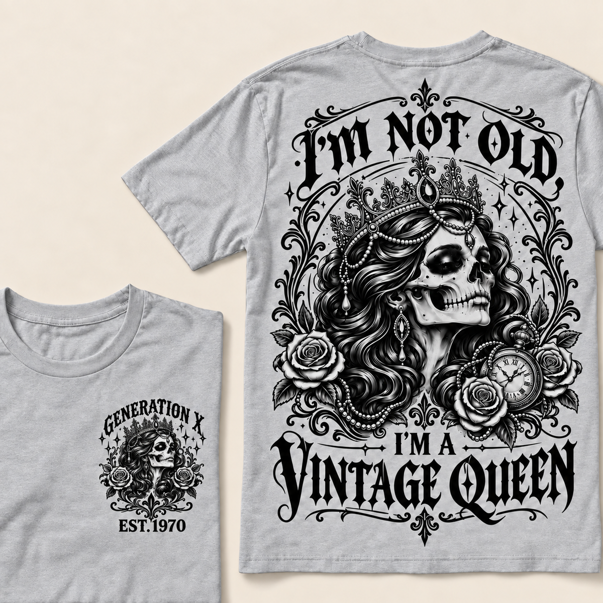 "I'm Not Old I'm A Vintage Queen" T-Shirt, Funny Gen X Sarcastic Tee, Gothic Skull Crown Gift for Her
