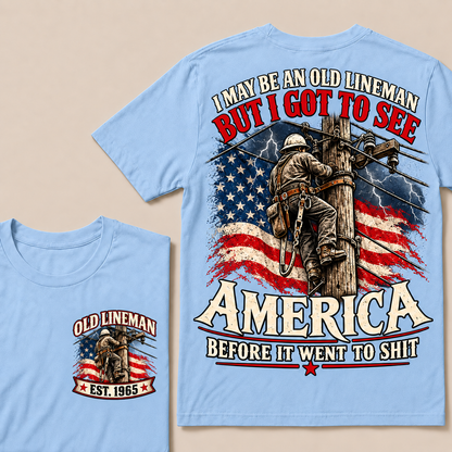 Funny Old Lineman American Flag T-Shirt, Vintage Electrician Lineman Gift, Patriotic USA Powerline Worker Tee, Retro 1965 Lineman Shirt
