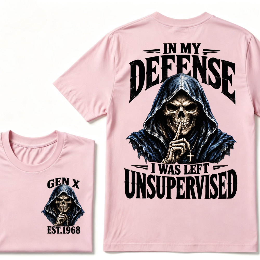 Gen X EST.Year Grim Reaper Skull In My Defense I Was Left Unsupervised Vintage Graphic T-Shirt