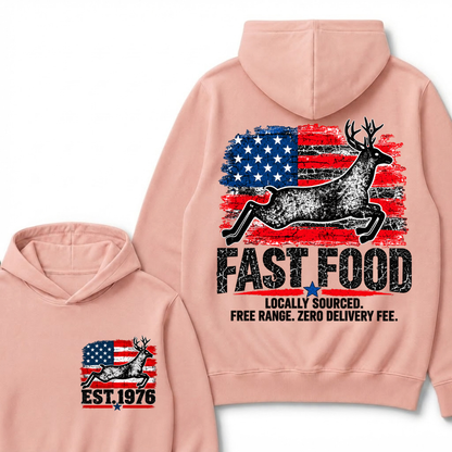 Fast Food Deer Hunting T-Shirt, Locally Sourced Free Range Zero Delivery Fee Vintage American Flag EST.Year Hunter Graphic Hoodie