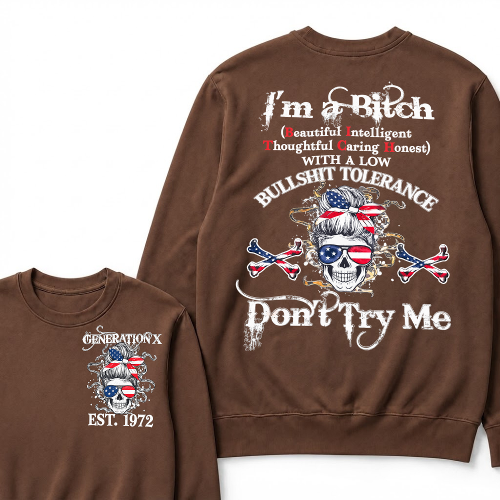 Gen X EST.Year Messy Bun American Flag Skull Low Tolerance Sarcastic Graphic Crewneck Sweatshirt