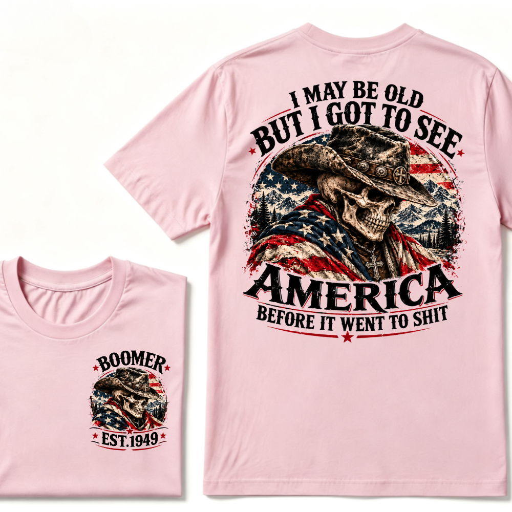 Boomer EST.Year Cowboy Skull American Flag I May Be Old But I Got To See America Vintage Graphic T-Shirt