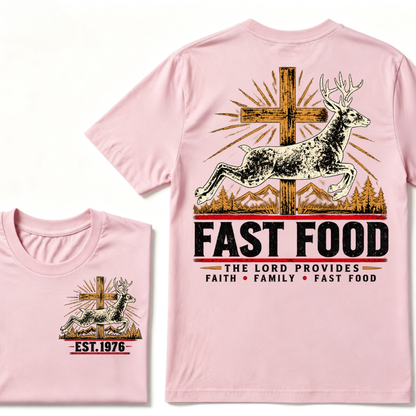 Faith Family Fast Food Deer Hunting T-Shirt, The Lord Provides Vintage Cross EST.Year Hunter Graphic Tee