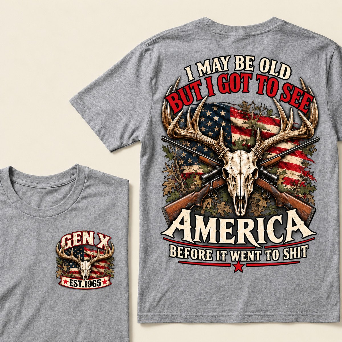 Funny Gen X Hunter T-Shirt, Vintage Deer Skull American Flag Tee, Retro 1965 Hunting Gift, Patriotic Hunter Shirt