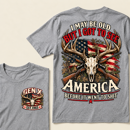 Funny Gen X Hunter T-Shirt, Vintage Deer Skull American Flag Tee, Retro 1965 Hunting Gift, Patriotic Hunter Shirt
