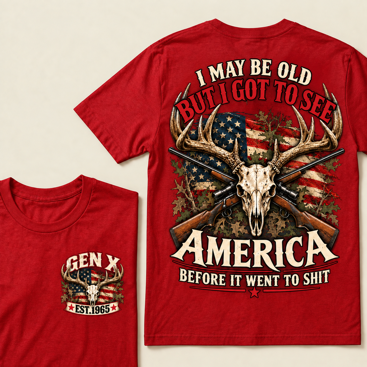 Funny Gen X Hunter T-Shirt, Vintage Deer Skull American Flag Tee, Retro 1965 Hunting Gift, Patriotic Hunter Shirt