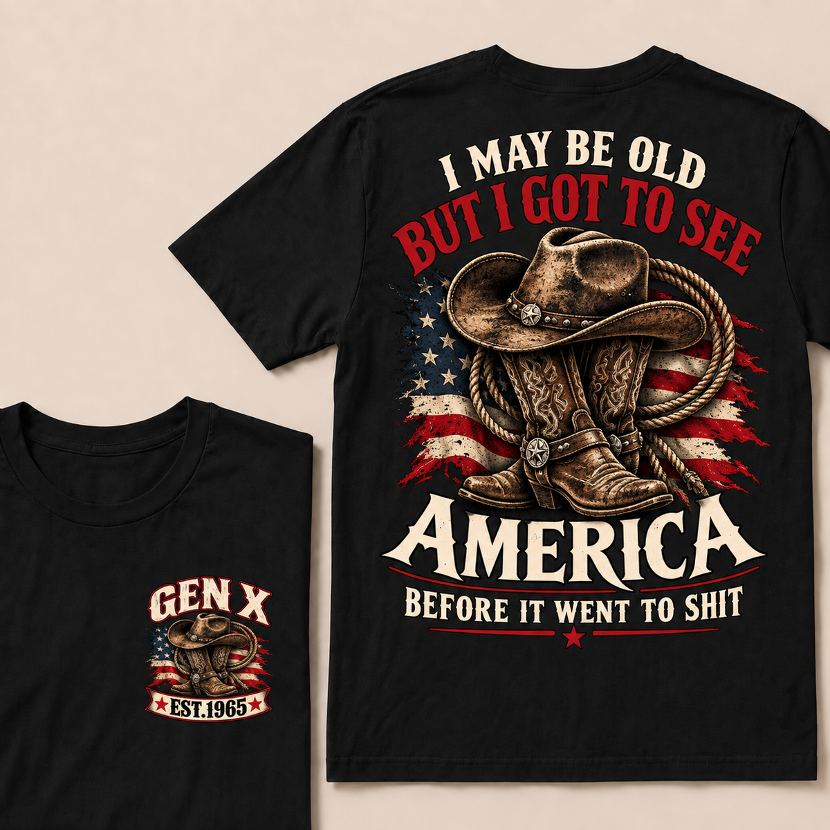 Funny Gen X Cowboy T-Shirt, Vintage Western American Flag Tee, Retro 1965 Gen X Gift, Patriotic Country Shirt