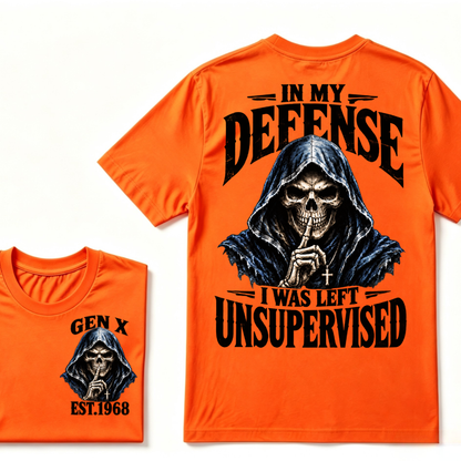 Gen X EST.Year Grim Reaper Skull In My Defense I Was Left Unsupervised Vintage Graphic T-Shirt