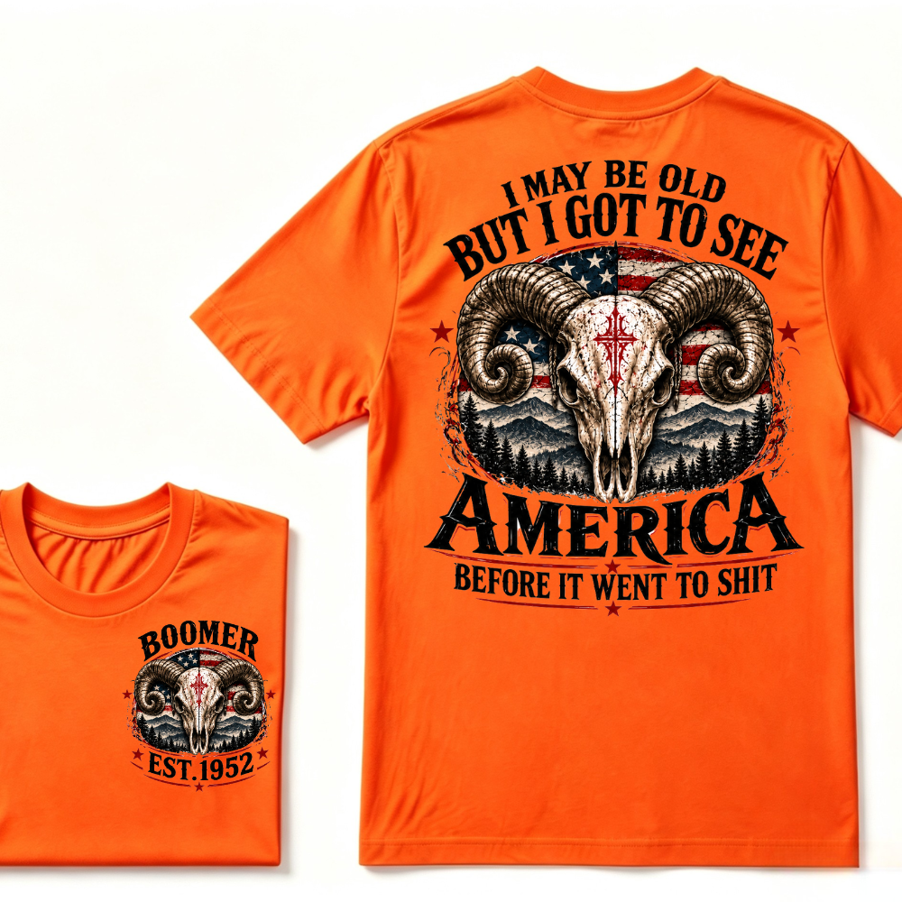 Boomer EST.Year Ram Skull American Flag I May Be Old But I Got To See America Vintage Graphic T-Shirt