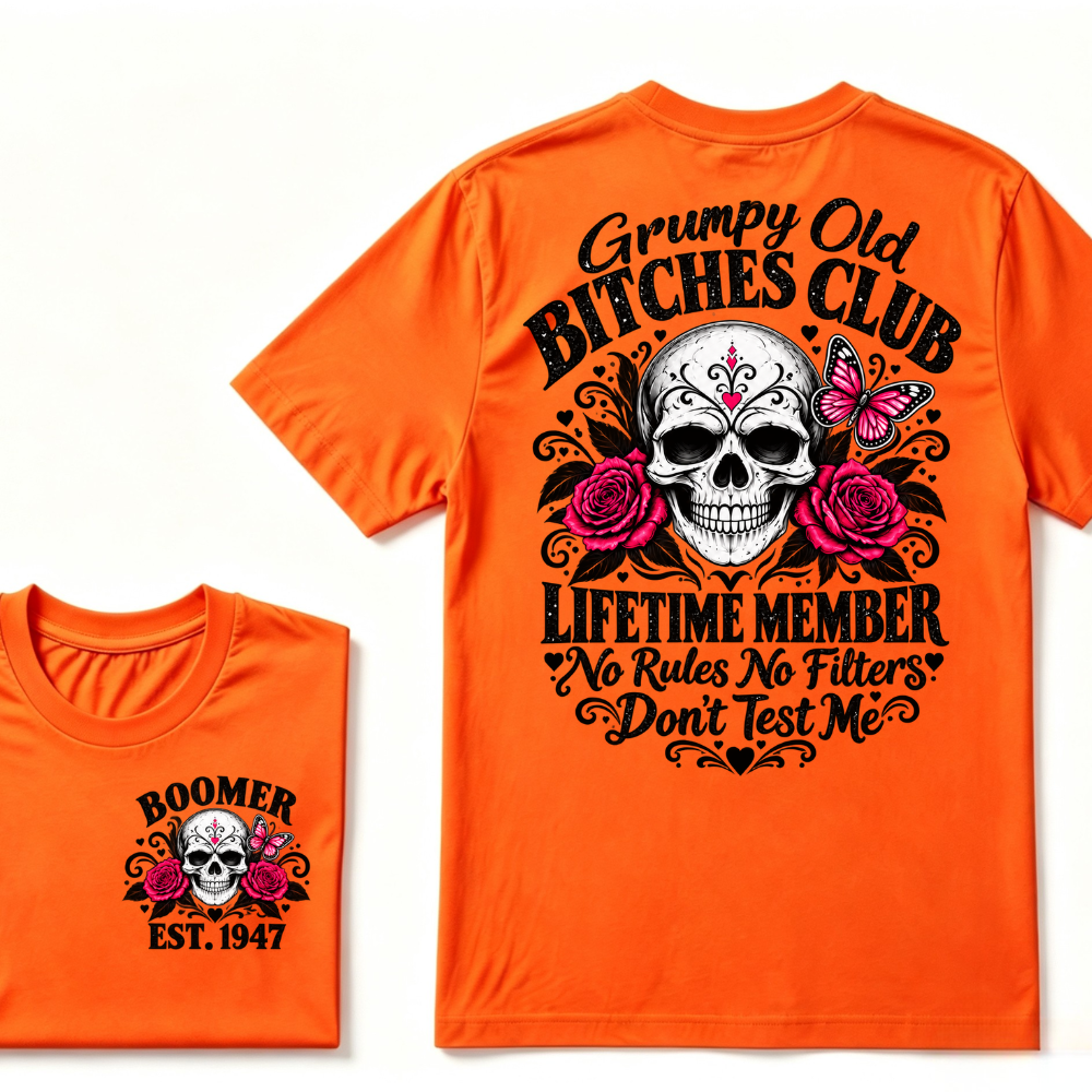 Boomer EST.Year Grumpy Old Club Sugar Skull Rose Butterfly Vintage Graphic T-Shirt