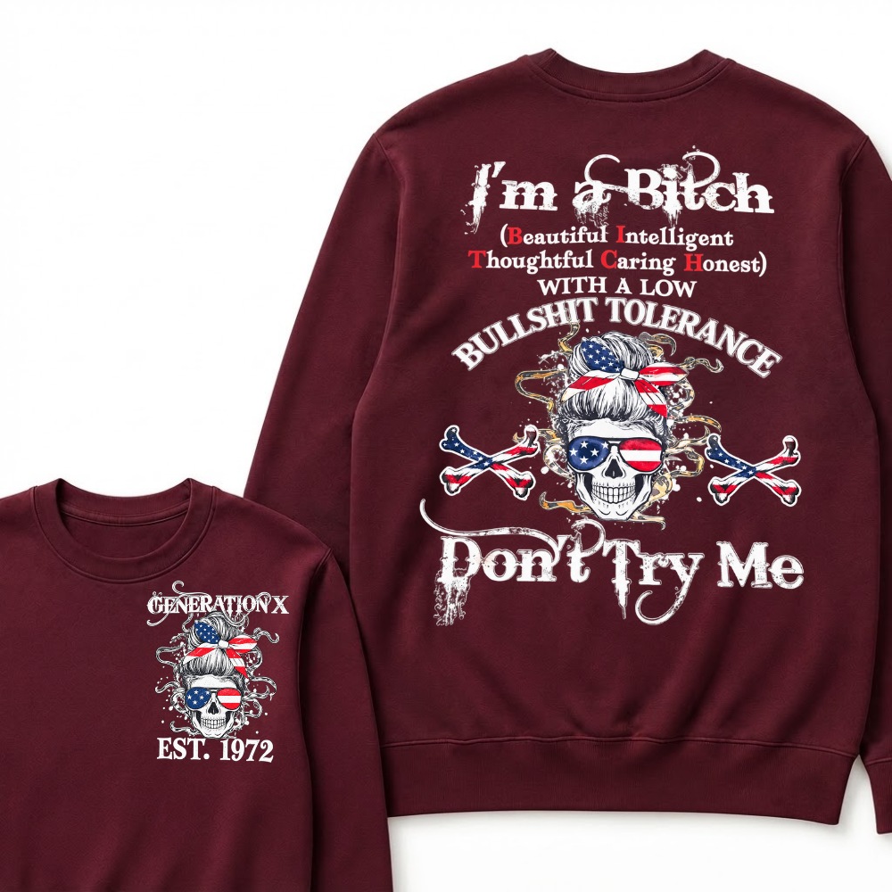 Gen X EST.Year Messy Bun American Flag Skull Low Tolerance Sarcastic Graphic Crewneck Sweatshirt