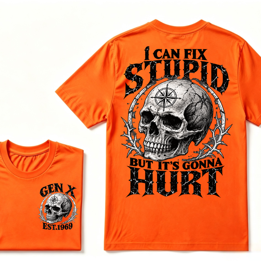 Gen X EST.Year Skull Compass I Can Fix Stupid But It's Gonna Hurt Vintage Graphic T-Shirt