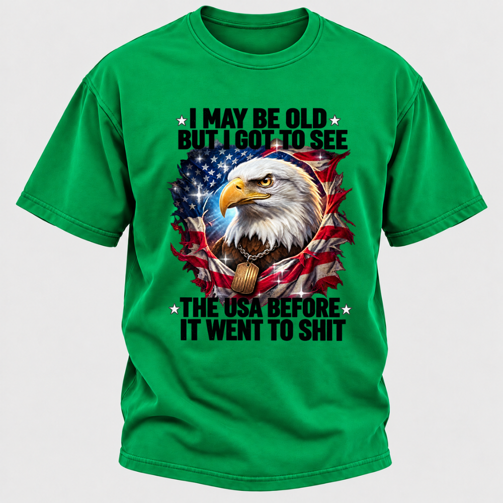 I May Be Old But I Got To See The USA Bald Eagle Torn American Flag Graphic T-Shirt
