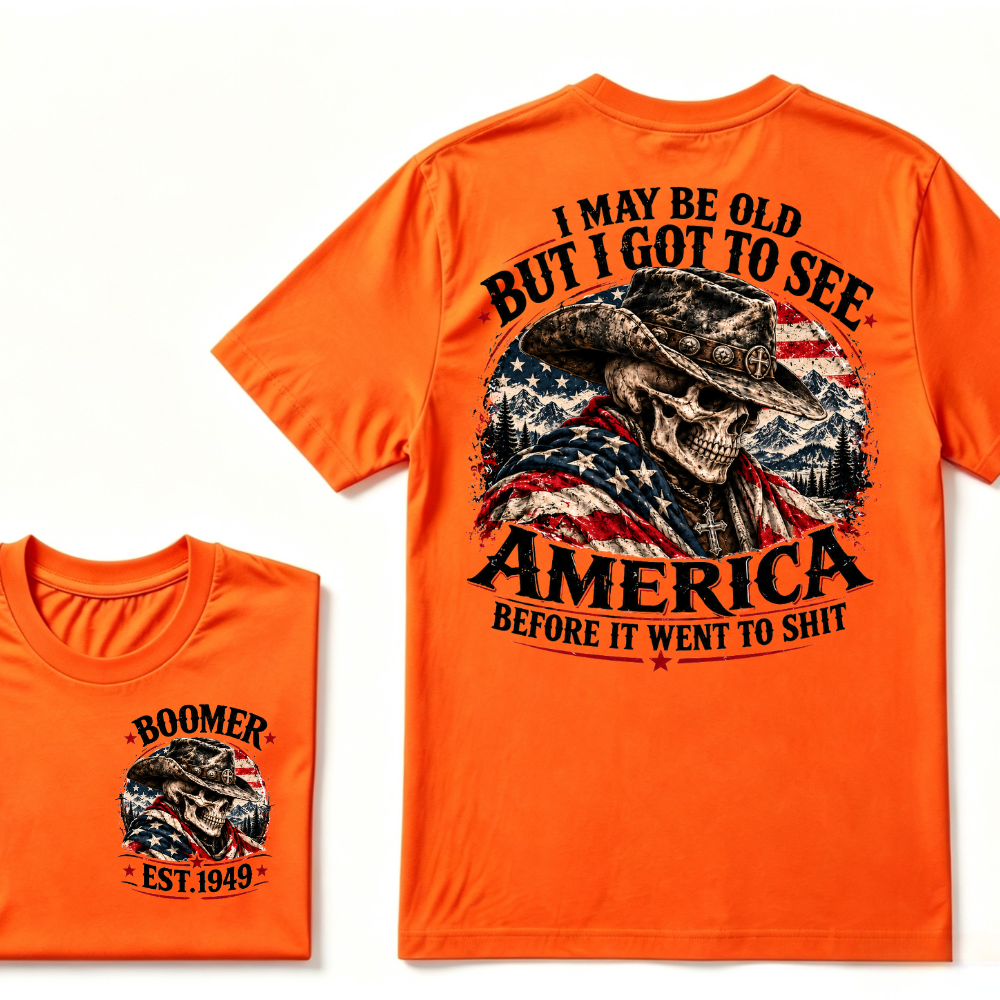 Boomer EST.Year Cowboy Skull American Flag I May Be Old But I Got To See America Vintage Graphic T-Shirt
