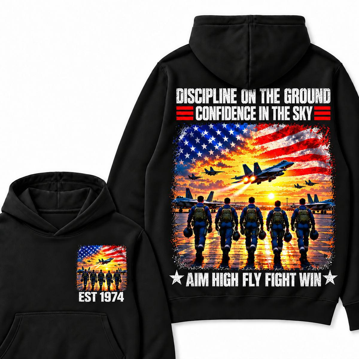 DISCIPLINE ON THE GROUND CONFIDENCE IN THE SKY AIM HIGH FLY FIGHT WIN Custom Your Birth Year Hoodie