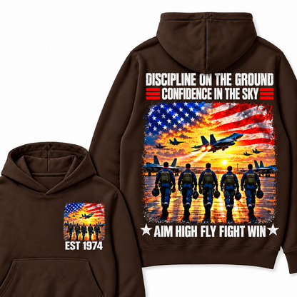 DISCIPLINE ON THE GROUND CONFIDENCE IN THE SKY AIM HIGH FLY FIGHT WIN Custom Your Birth Year Hoodie
