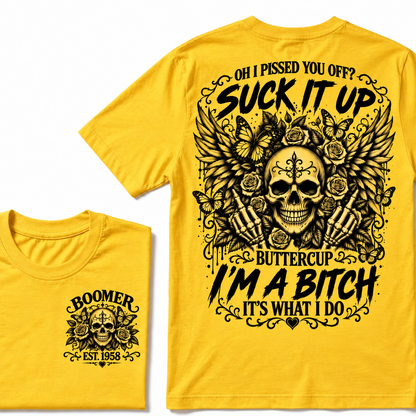 Custom Year Boomer Suck It Up Buttercup Skull Graphic T-Shirt