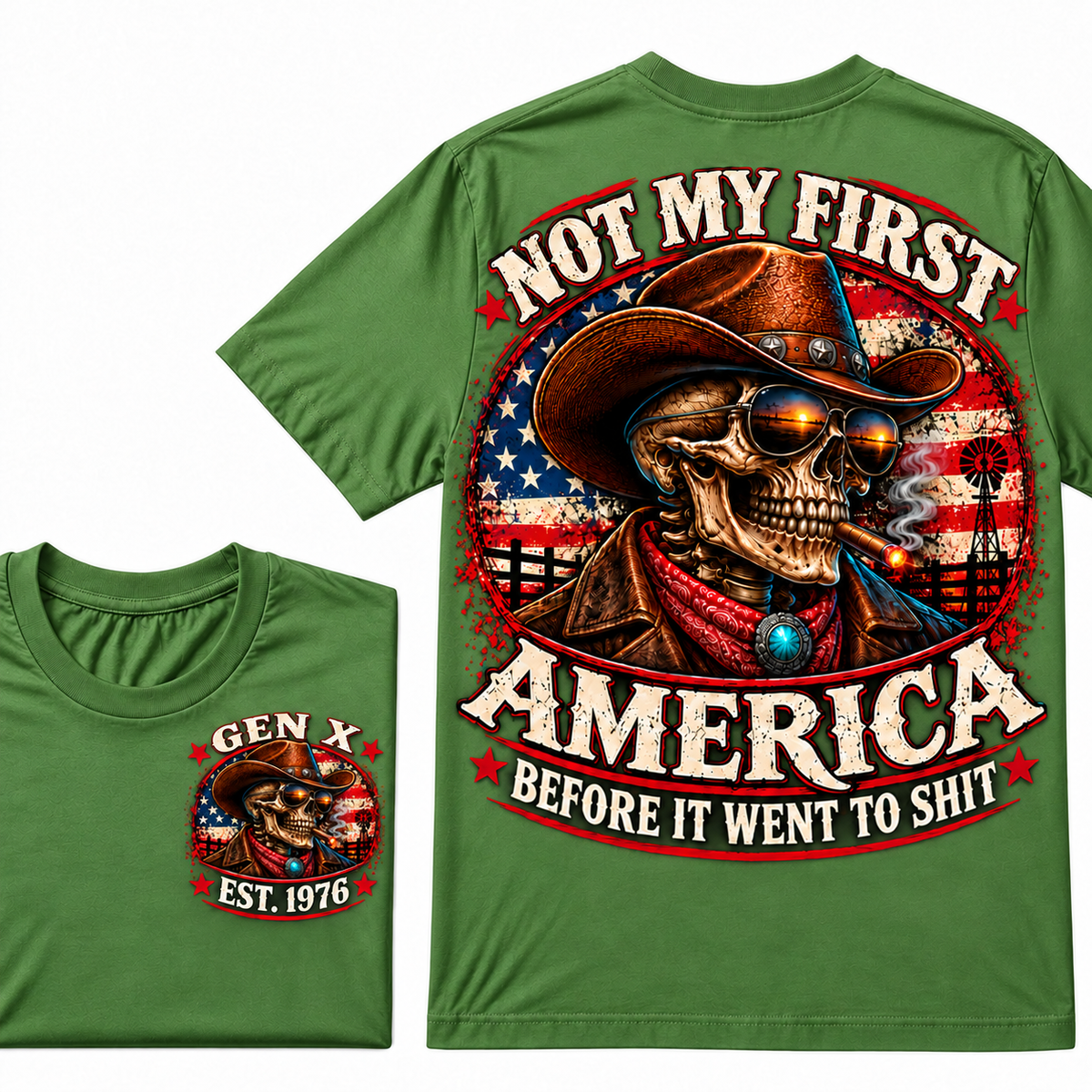 Cowboy Skull American Flag I May Be Old But I Got To See America Vintage Graphic T-Shirt Custom Year  T-Shirt