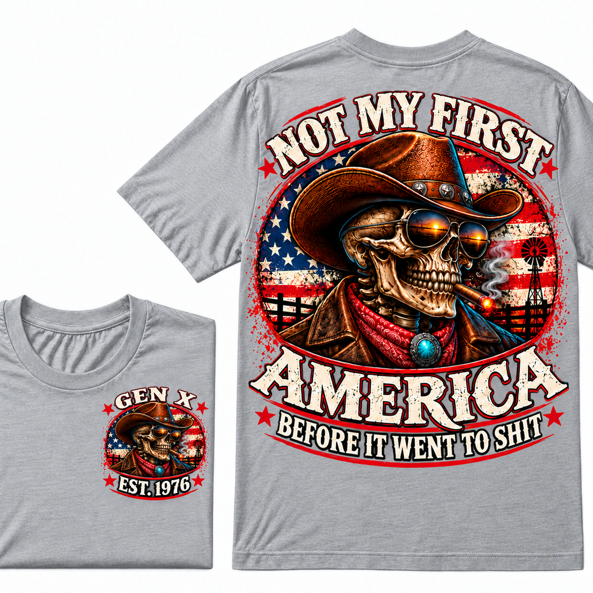 Cowboy Skull American Flag I May Be Old But I Got To See America Vintage Graphic T-Shirt Custom Year  T-Shirt