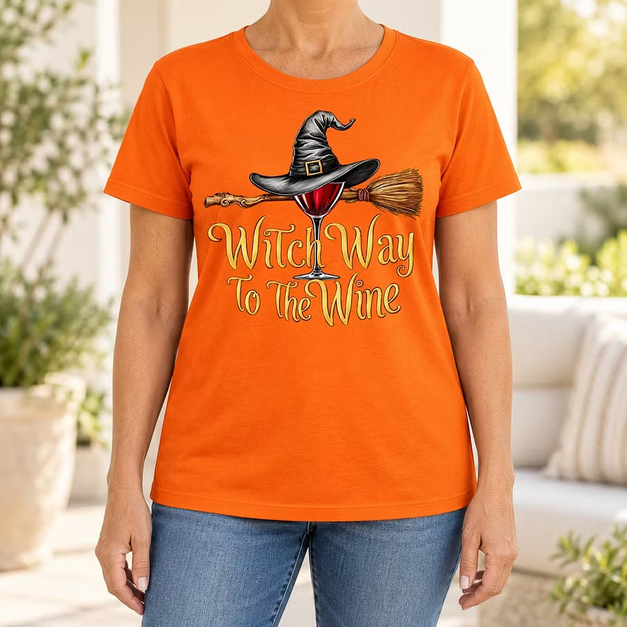 Witch Way To The Wine T-Shirt, Funny Halloween Wine Lover Graphic Tee