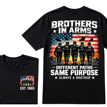 Custom Year Brothers In Arms Veteran Tee | US Soldiers USA Flag Helicopter Double Sided Print Mens Military Graphic T-Shirt