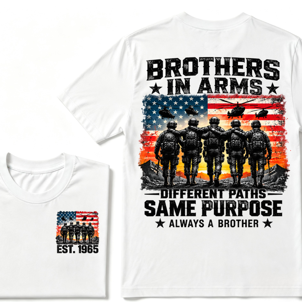 Custom Year Brothers In Arms Veteran Tee | US Soldiers USA Flag Helicopter Double Sided Print Mens Military Graphic T-Shirt