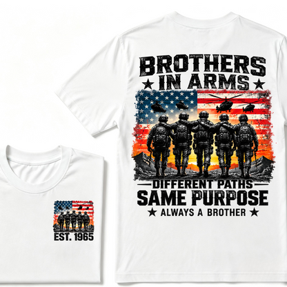 Custom Year Brothers In Arms Veteran Tee | US Soldiers USA Flag Helicopter Double Sided Print Mens Military Graphic T-Shirt